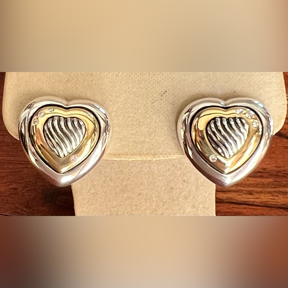 David Yurman Sterling Silver & 18K Gold Diamond Heart Earrings